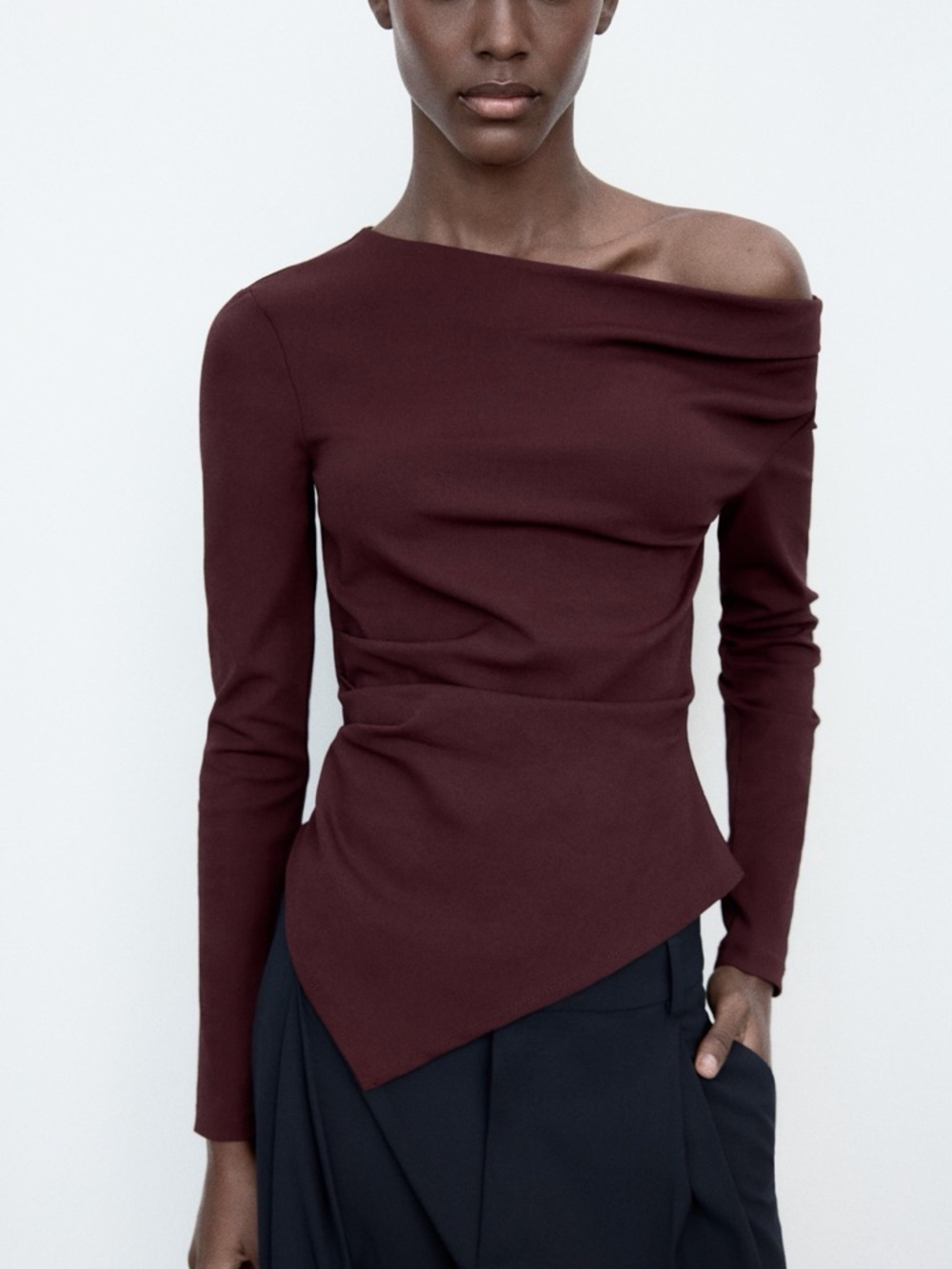 Zara Asymmetrical stretch top Dark Burgandy
